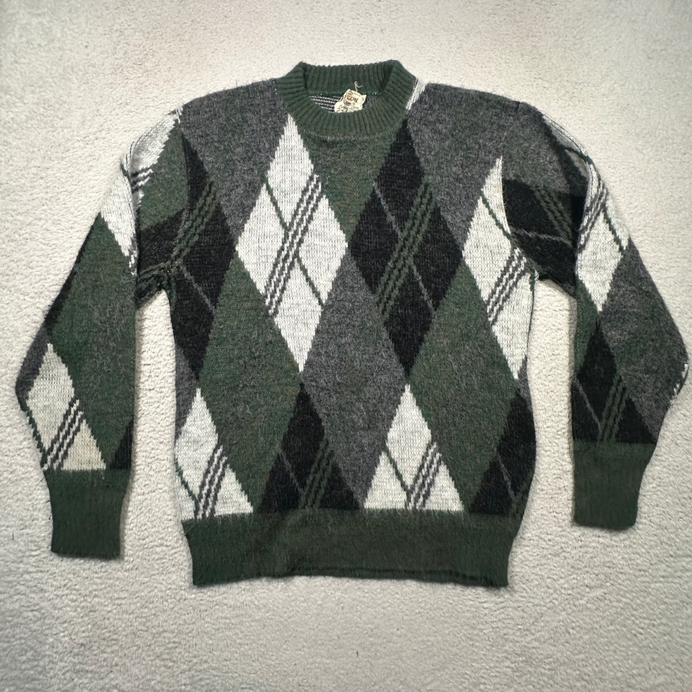 Vintage Orlon Campus Argyle Sweater Mens M Green Luxury Line Made in USA
